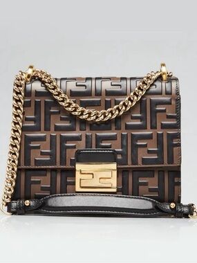 Fendi Brown and Black FF Embossed Leather Crossbody with Gold Chain